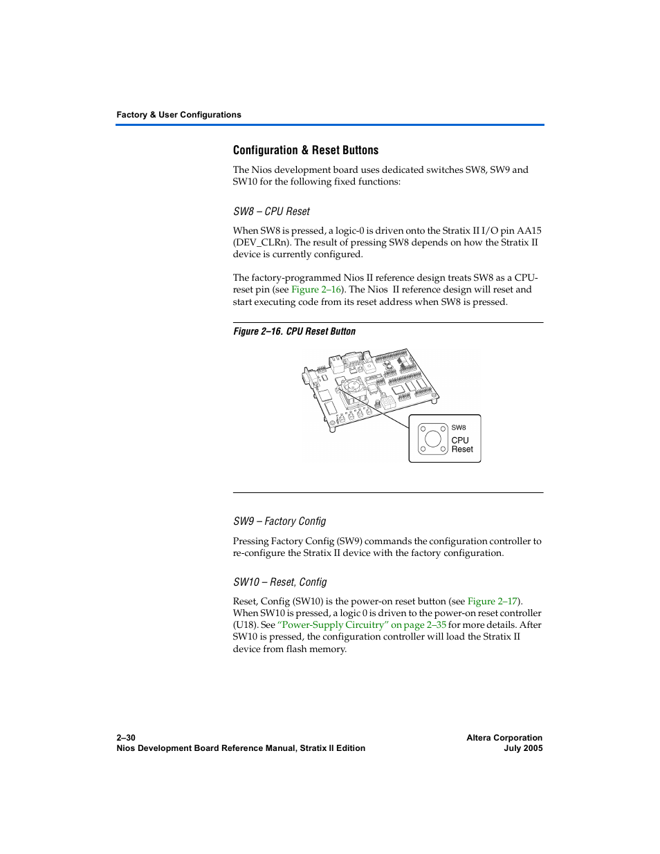 Configuration & reset buttons, Sw8 - cpu reset, Sw9 - factory config | Sw10 - reset, config, Sw8 – cpu reset, Sw9 – factory config, Sw10 – reset, config | Altera Nios Development Board User Manual | Page 38 / 56