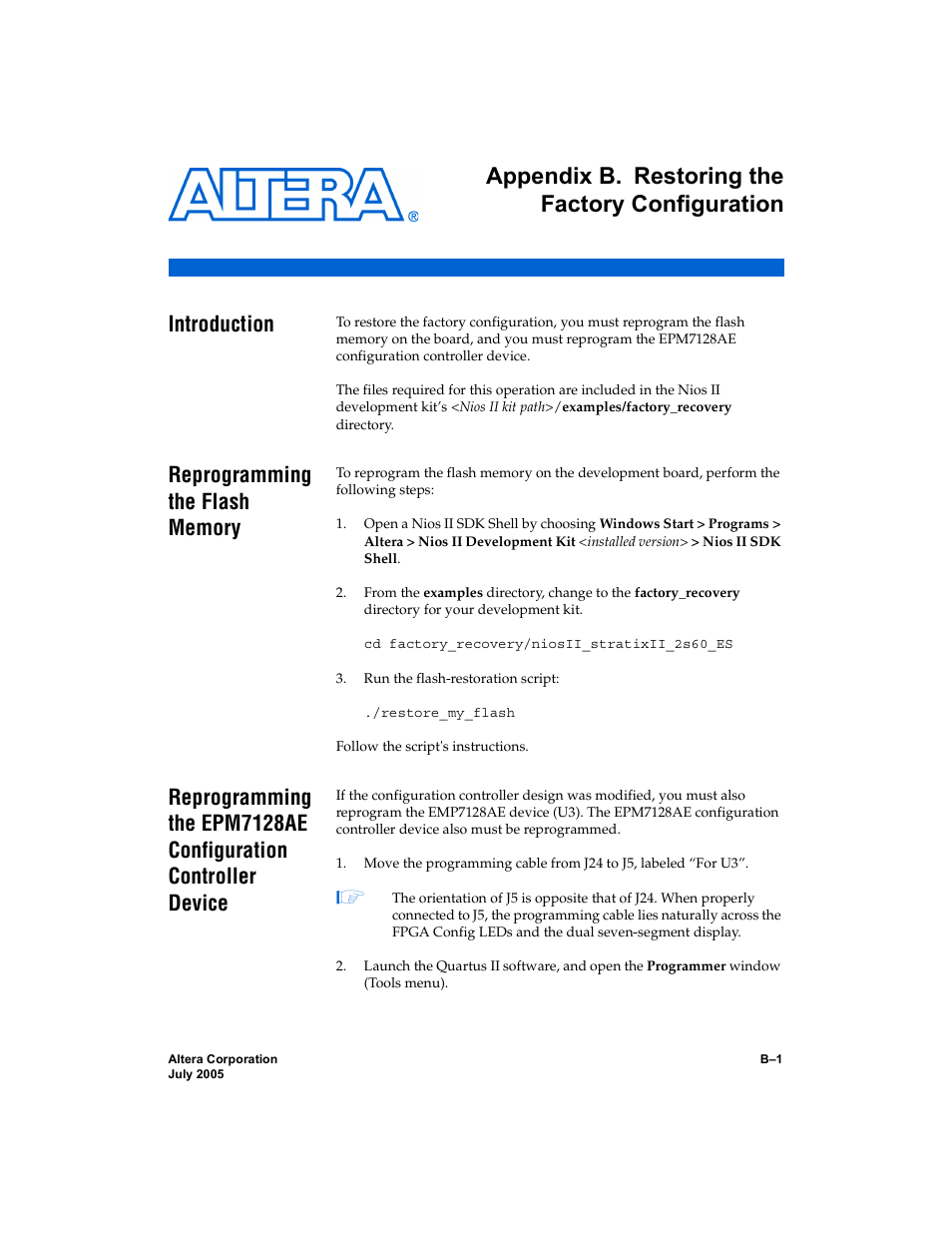 Appendix b. restoring the factory configuration, Introduction, Reprogramming the flash memory | Restoring the factory configuration 1, Appendix b, restoring the factory, Configuration | Altera Nios Development Board User Manual | Page 49 / 56