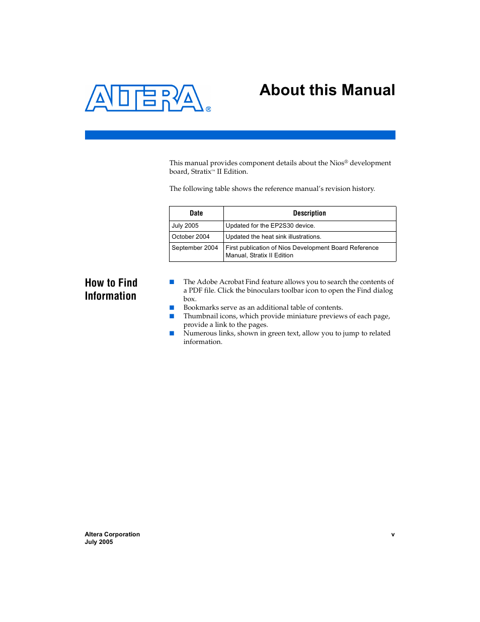 About this manual, How to find information | Altera Nios Development Board User Manual | Page 5 / 56