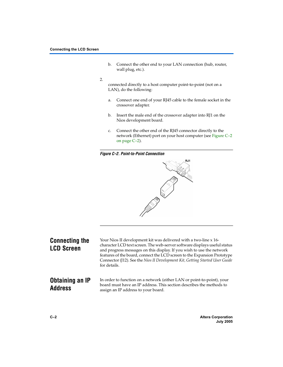 Connecting the lcd screen, Obtaining an ip address | Altera Nios Development Board User Manual | Page 52 / 56