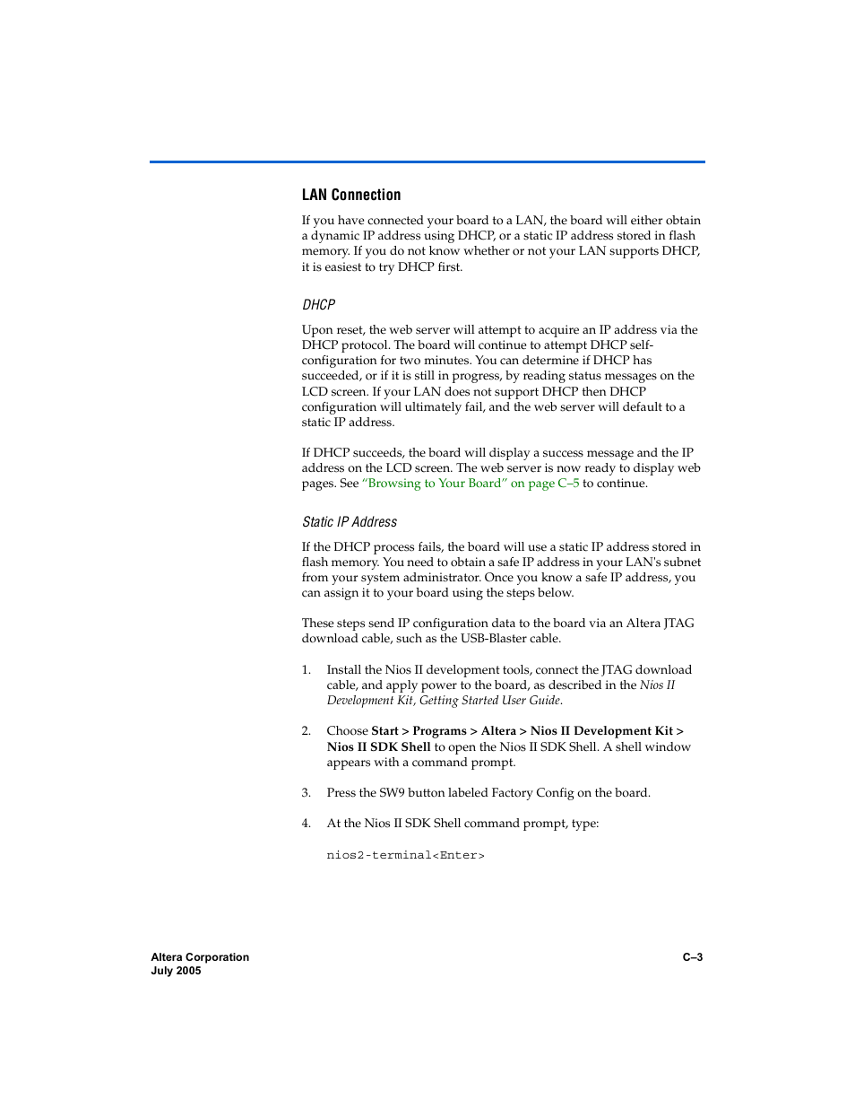 Lan connection, Dhcp, Static ip address | Altera Nios Development Board User Manual | Page 53 / 56