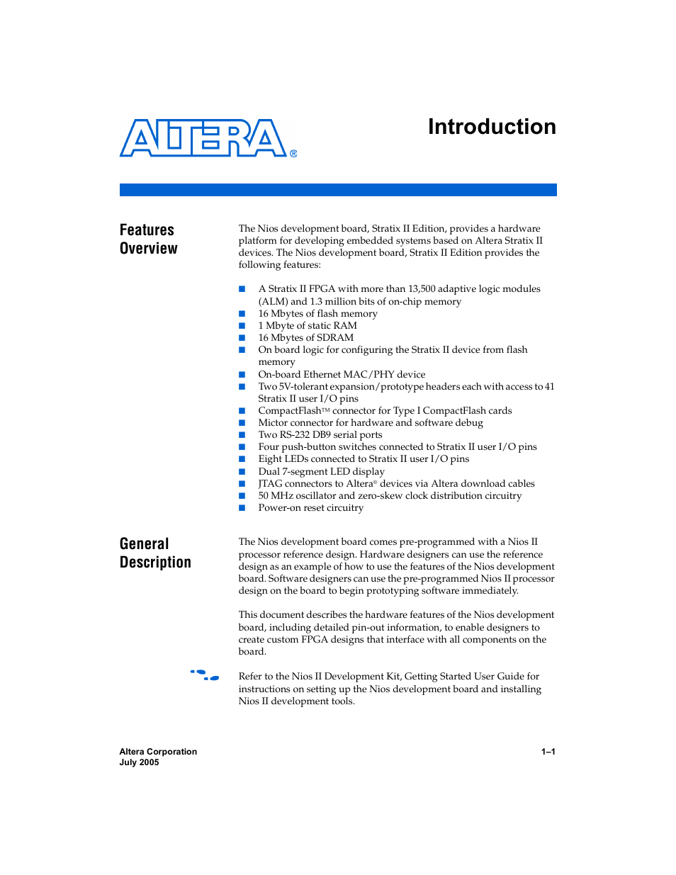 Introduction, Features overview, General description | Features overview –1 general description –1 | Altera Nios Development Board User Manual | Page 9 / 56