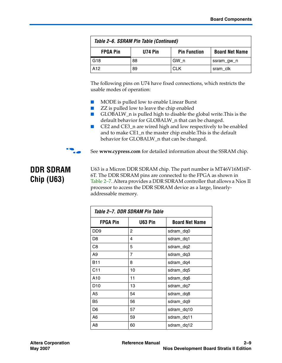 Ddr sdram chip (u63), Ddr sdram chip (u63) –9 | Altera Nios Development Board Stratix II Edition User Manual | Page 19 / 62