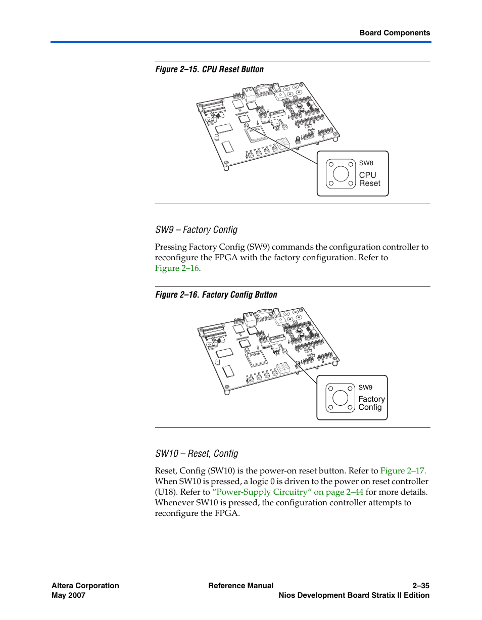 Sw9 - factory config, Sw10 - reset, config, Sw9 – factory config | Sw10 – reset, config, Fer to | Altera Nios Development Board Stratix II Edition User Manual | Page 45 / 62