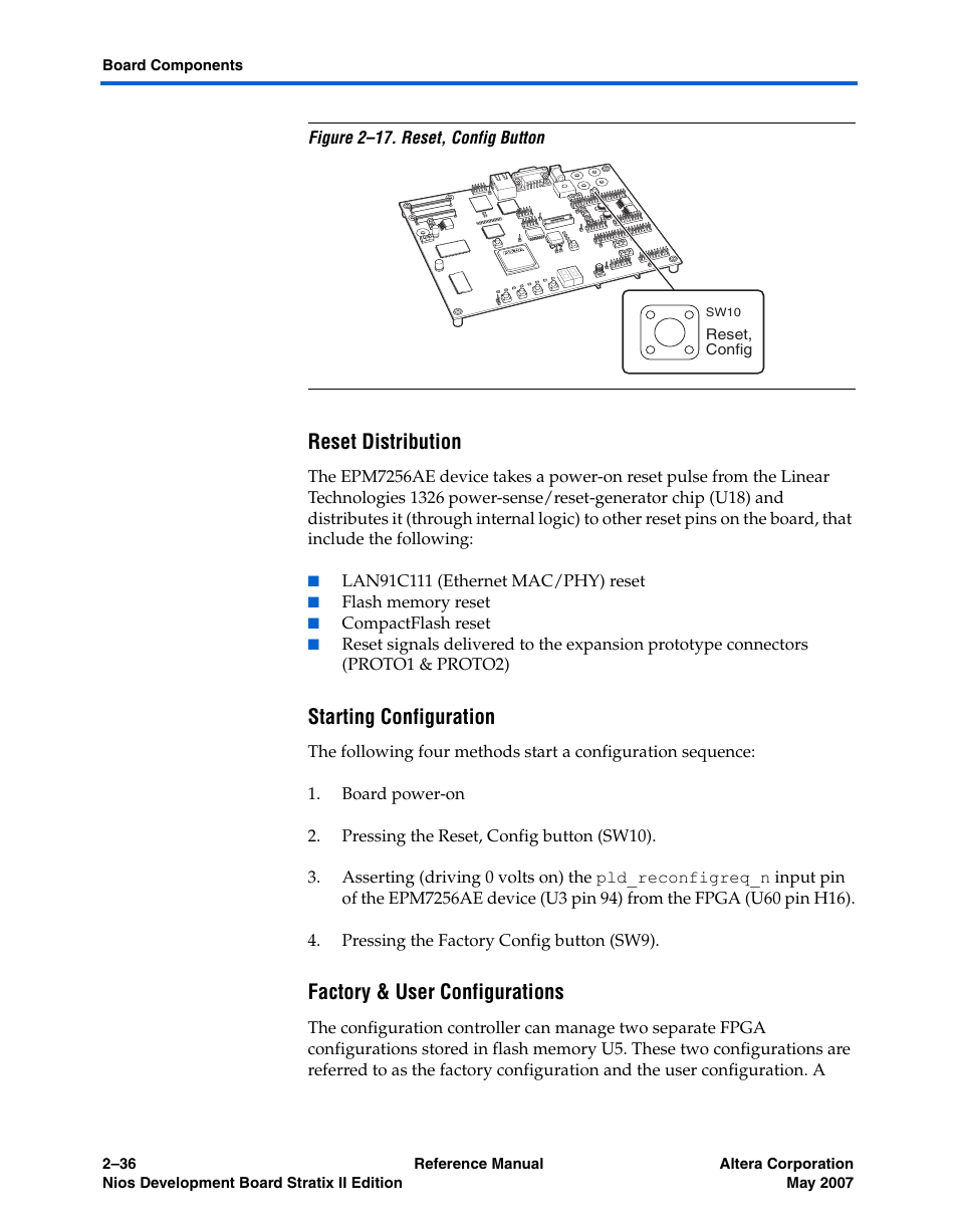Reset distribution, Starting configuration, Factory & user configurations | R to, Figure 2–17 | Altera Nios Development Board Stratix II Edition User Manual | Page 46 / 62