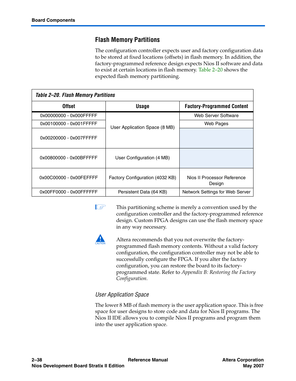 Flash memory partitions, User application space | Altera Nios Development Board Stratix II Edition User Manual | Page 48 / 62