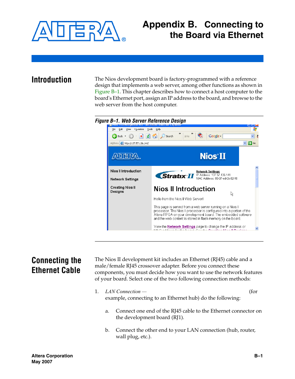 Appendix b. connecting to the board via ethernet, Introduction, Connecting the ethernet cable | Appendix b, Connecting to the board via ethernet | Altera Nios Development Board Stratix II Edition User Manual | Page 57 / 62