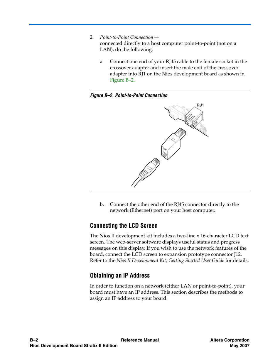 Connecting the lcd screen, Obtaining an ip address | Altera Nios Development Board Stratix II Edition User Manual | Page 58 / 62