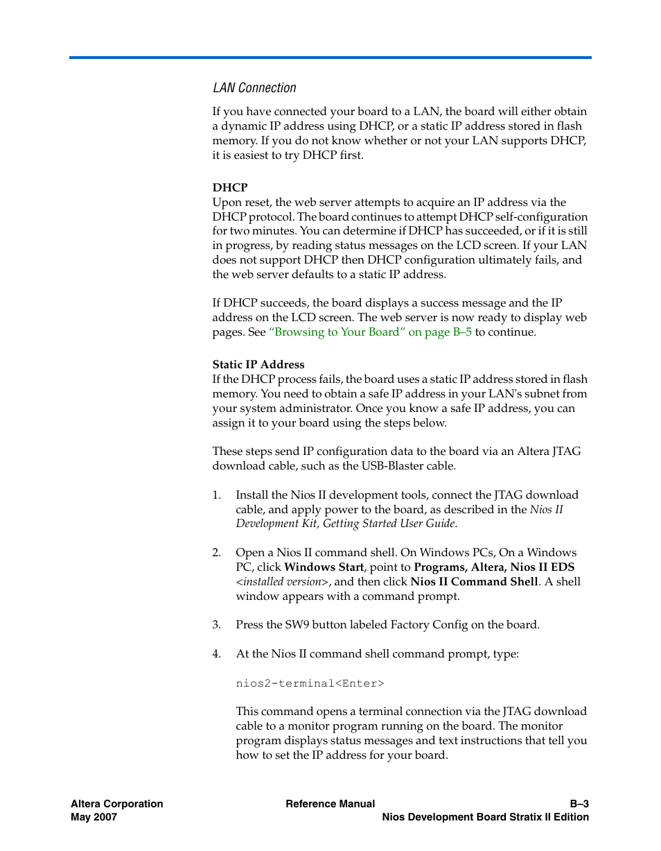 Lan connection, Dhcp, Static ip address | Altera Nios Development Board Stratix II Edition User Manual | Page 59 / 62