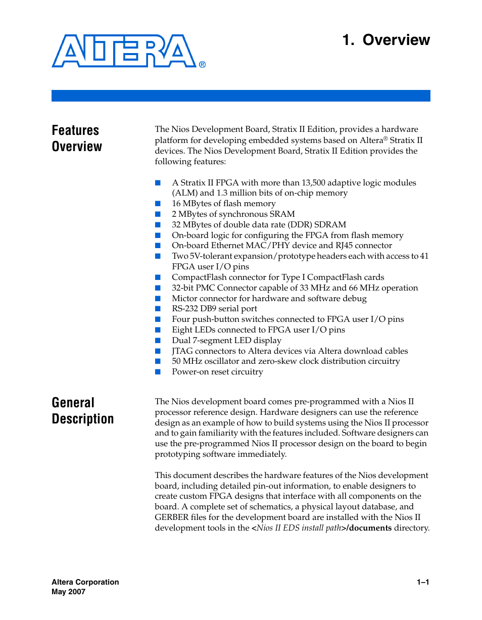 Overview, Features overview, General description | Chapter 1. overview, Features overview –1 general description –1 | Altera Nios Development Board Stratix II Edition User Manual | Page 7 / 62