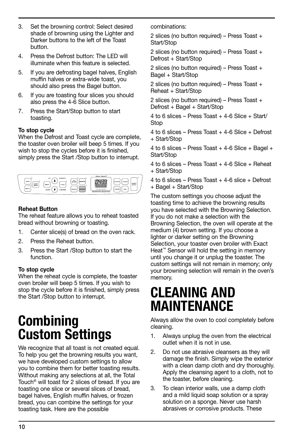 Combining custom settings, Cleaning and maintenance | Cuisinart TOB-195 Series User Manual | Page 10 / 25