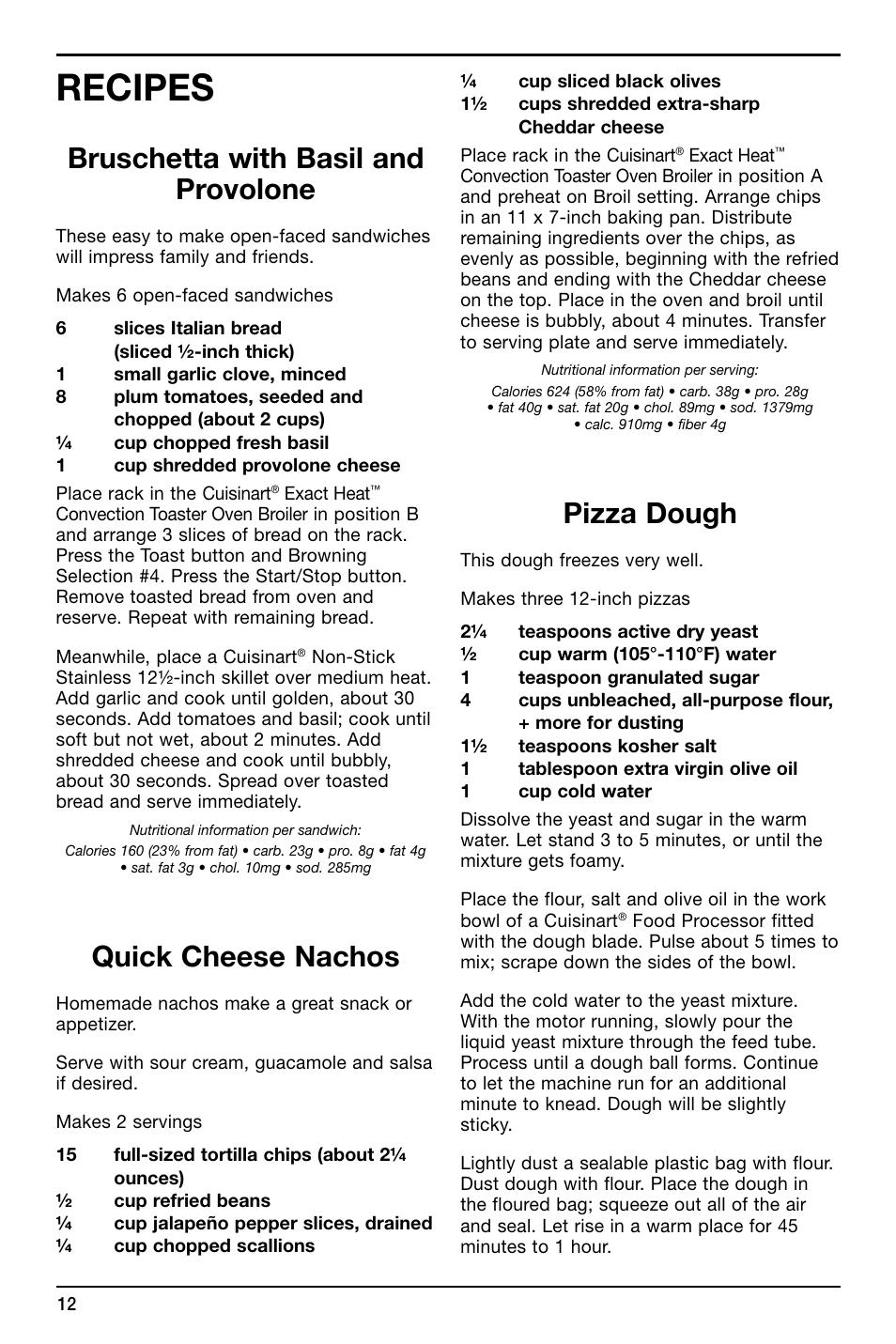 Recipes, Bruschetta with basil and provolone, Quick cheese nachos | Pizza dough | Cuisinart TOB-195 Series User Manual | Page 12 / 25