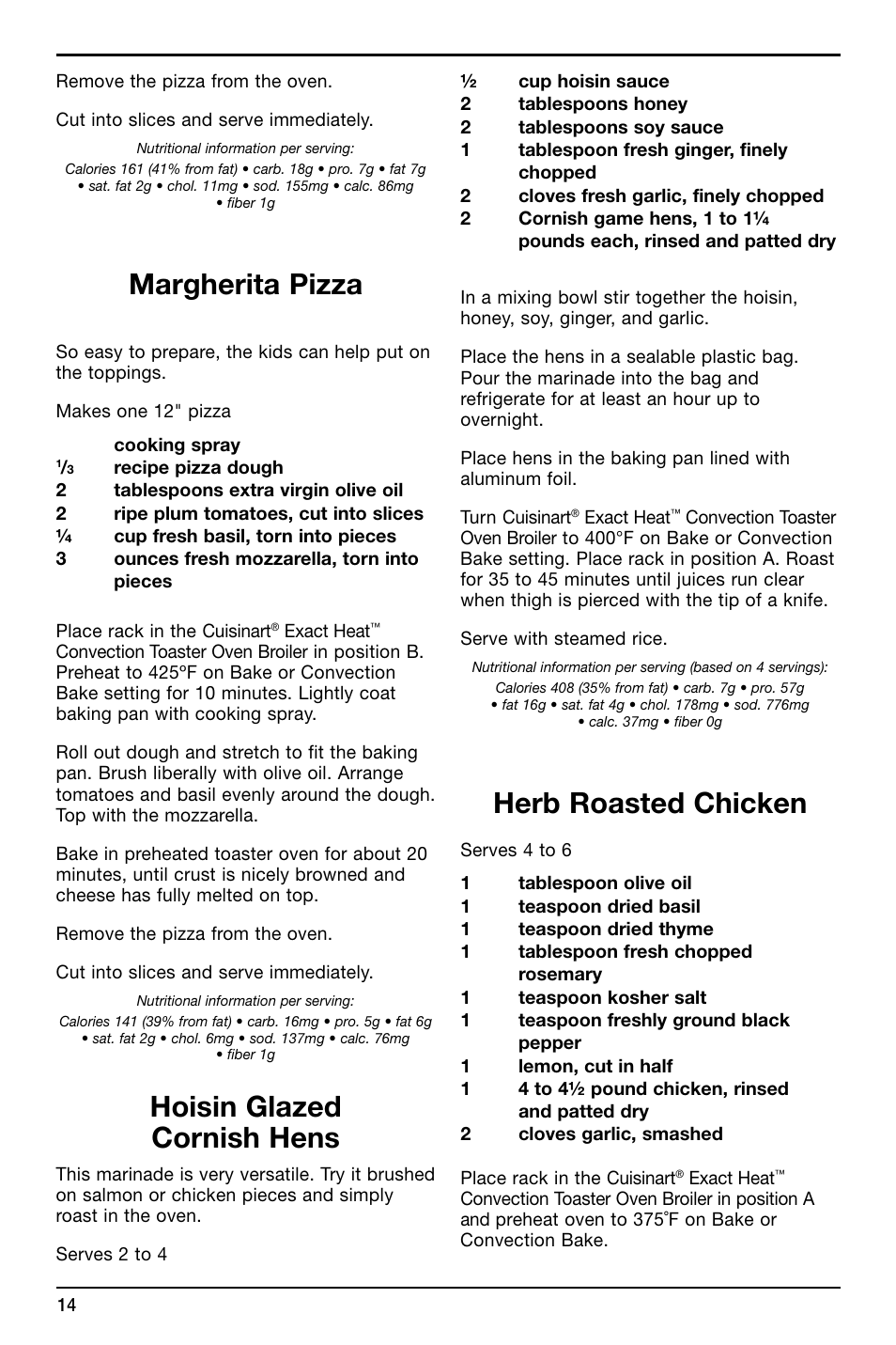 Margherita pizza, Hoisin glazed cornish hens, Herb roasted chicken | Cuisinart TOB-195 Series User Manual | Page 14 / 25