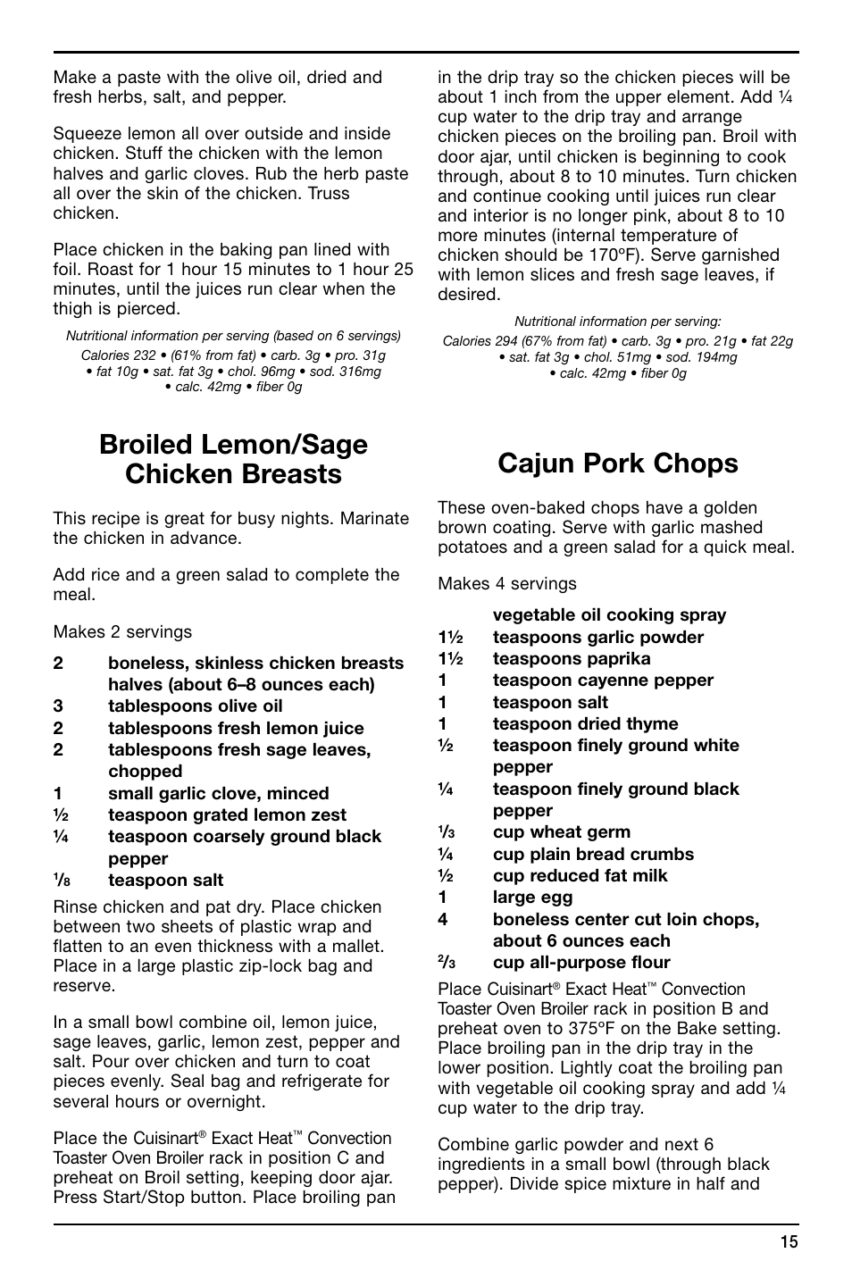 Broiled lemon/sage chicken breasts, Cajun pork chops | Cuisinart TOB-195 Series User Manual | Page 15 / 25