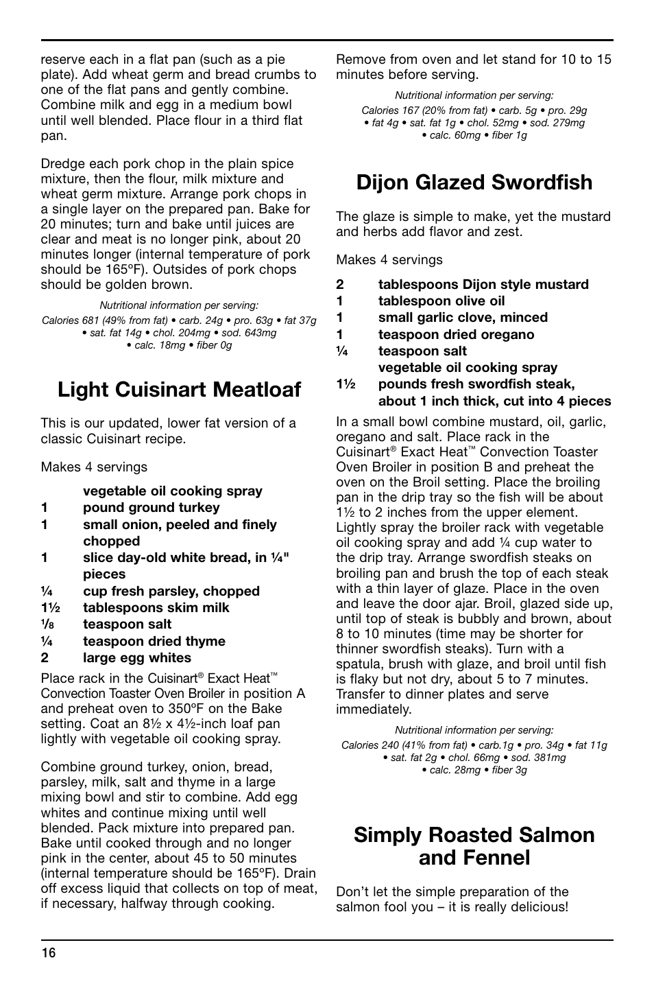 Light cuisinart meatloaf, Dijon glazed swordfish, Simply roasted salmon and fennel | Cuisinart TOB-195 Series User Manual | Page 16 / 25