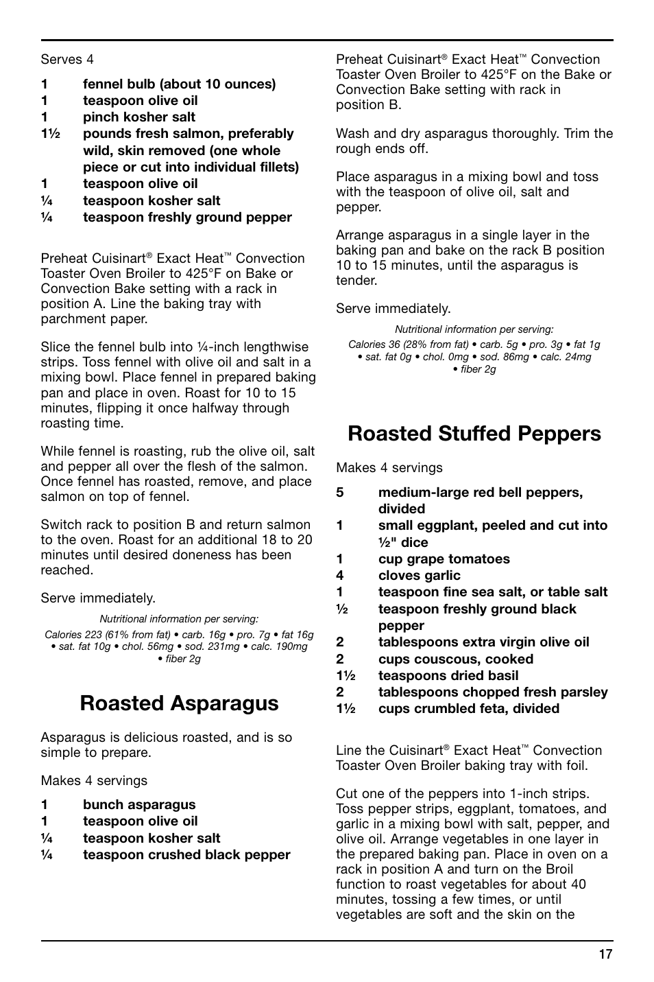 Roasted asparagus, Roasted stuffed peppers | Cuisinart TOB-195 Series User Manual | Page 17 / 25