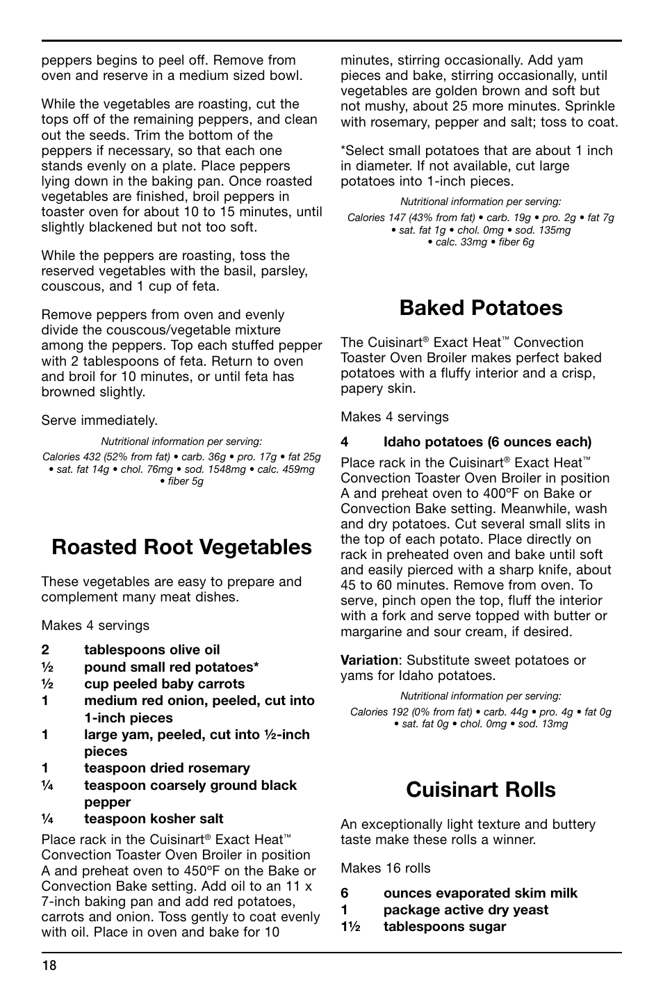 Roasted root vegetables, Baked potatoes, Cuisinart rolls | Cuisinart TOB-195 Series User Manual | Page 18 / 25
