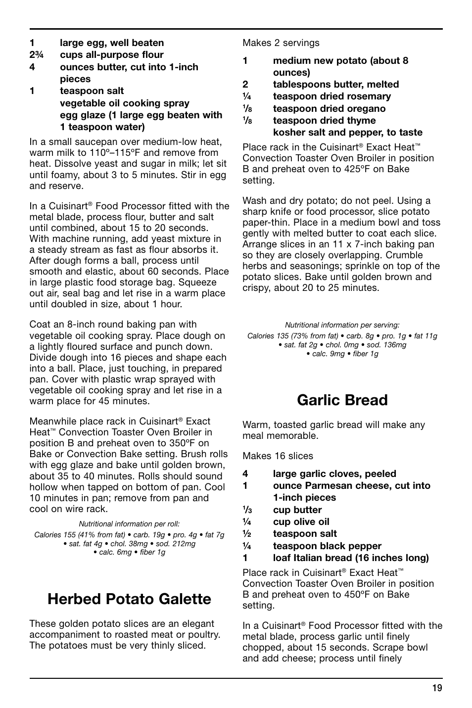 Herbed potato galette, Garlic bread | Cuisinart TOB-195 Series User Manual | Page 19 / 25