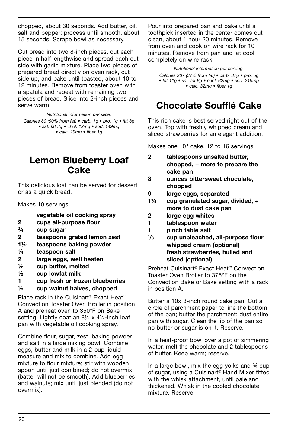 Lemon blueberry loaf cake, Chocolate soufflé cake | Cuisinart TOB-195 Series User Manual | Page 20 / 25