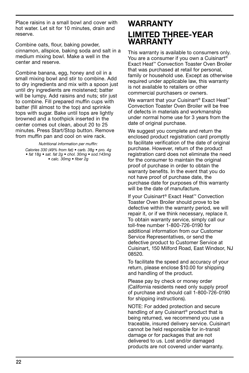 Warranty limited three-year warranty | Cuisinart TOB-195 Series User Manual | Page 22 / 25