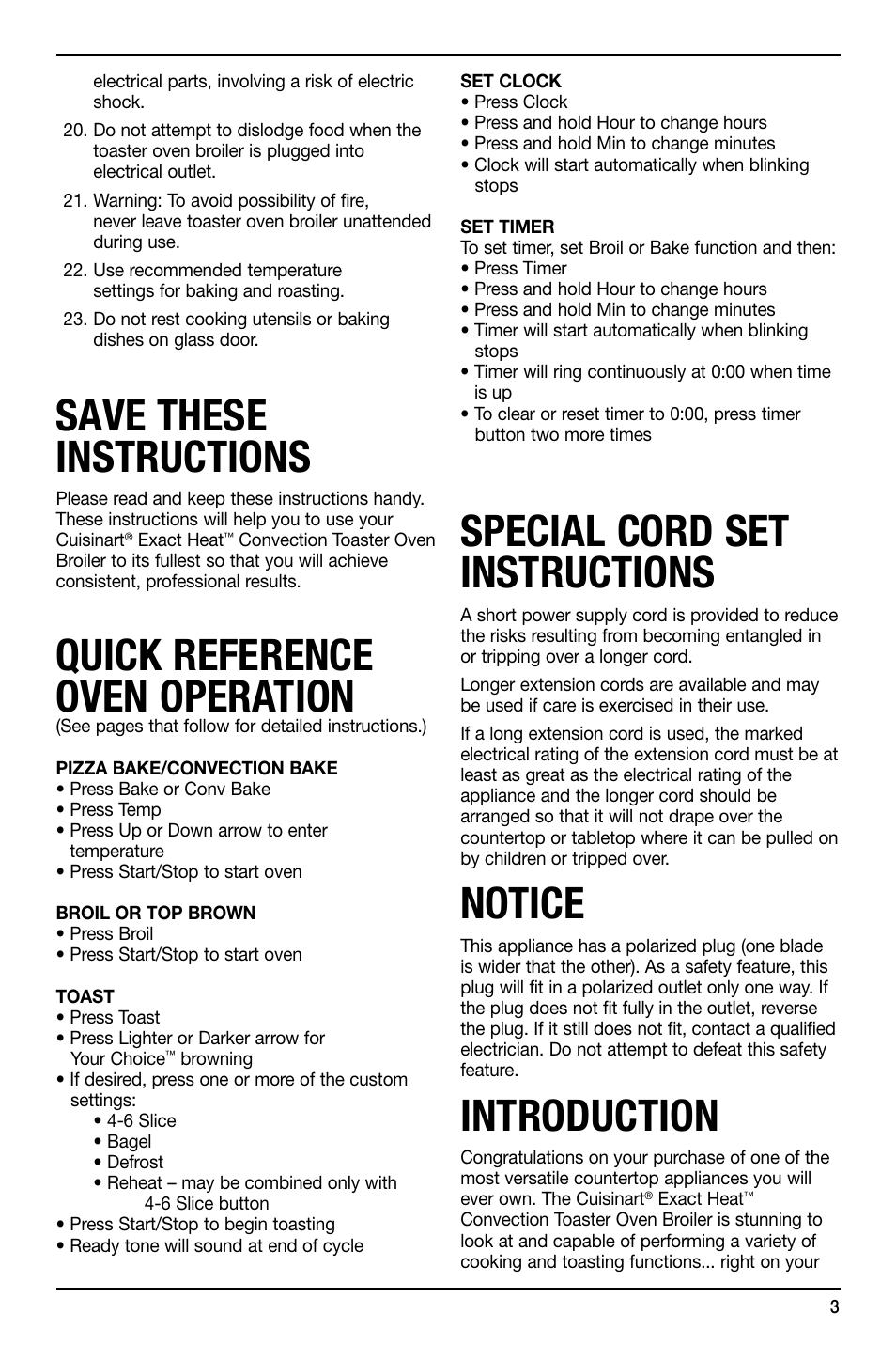 Save these instructions, Quick reference oven operation, Special cord set instructions | Notice, Introduction | Cuisinart TOB-195 Series User Manual | Page 3 / 25