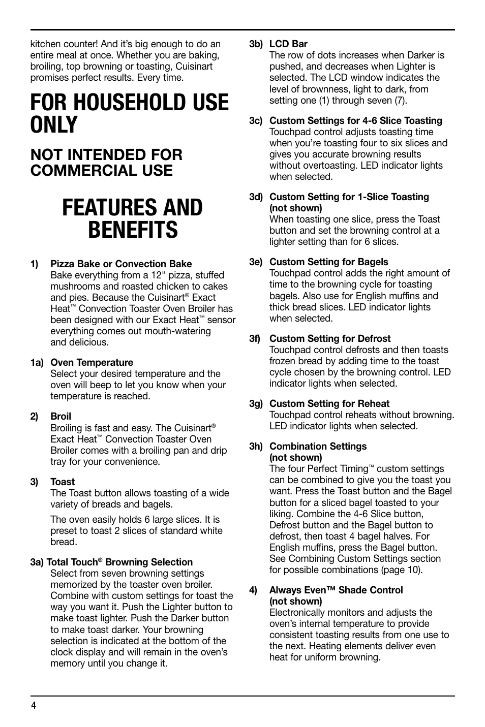 For household use only, Features and benefits, Not intended for commercial use | Cuisinart TOB-195 Series User Manual | Page 4 / 25