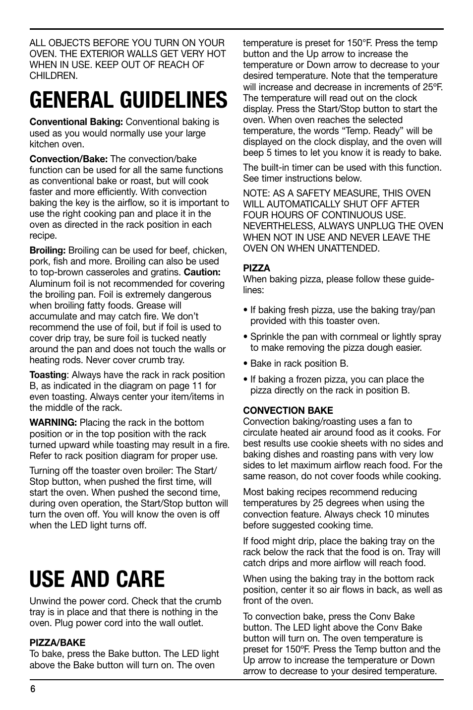General guidelines, Use and care | Cuisinart TOB-195 Series User Manual | Page 6 / 25