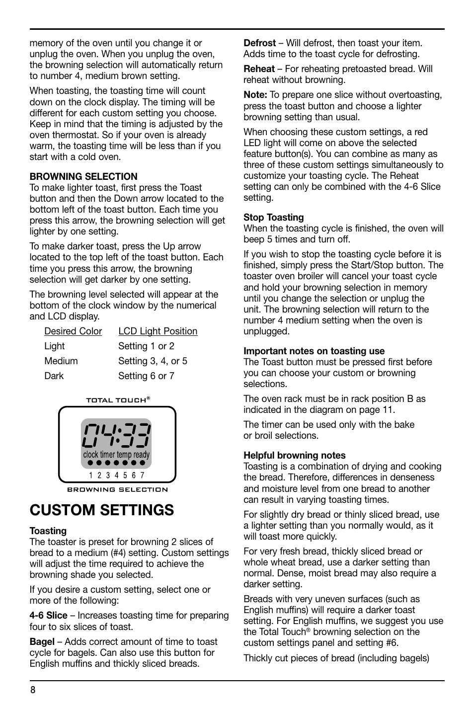 Custom settings | Cuisinart TOB-195 Series User Manual | Page 8 / 25