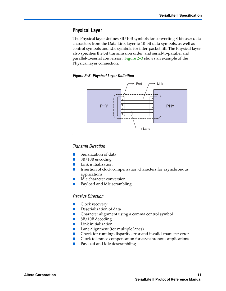 Physical layer, Transmit direction, Receive direction | Altera SerialLite II Protocol User Manual | Page 11 / 84