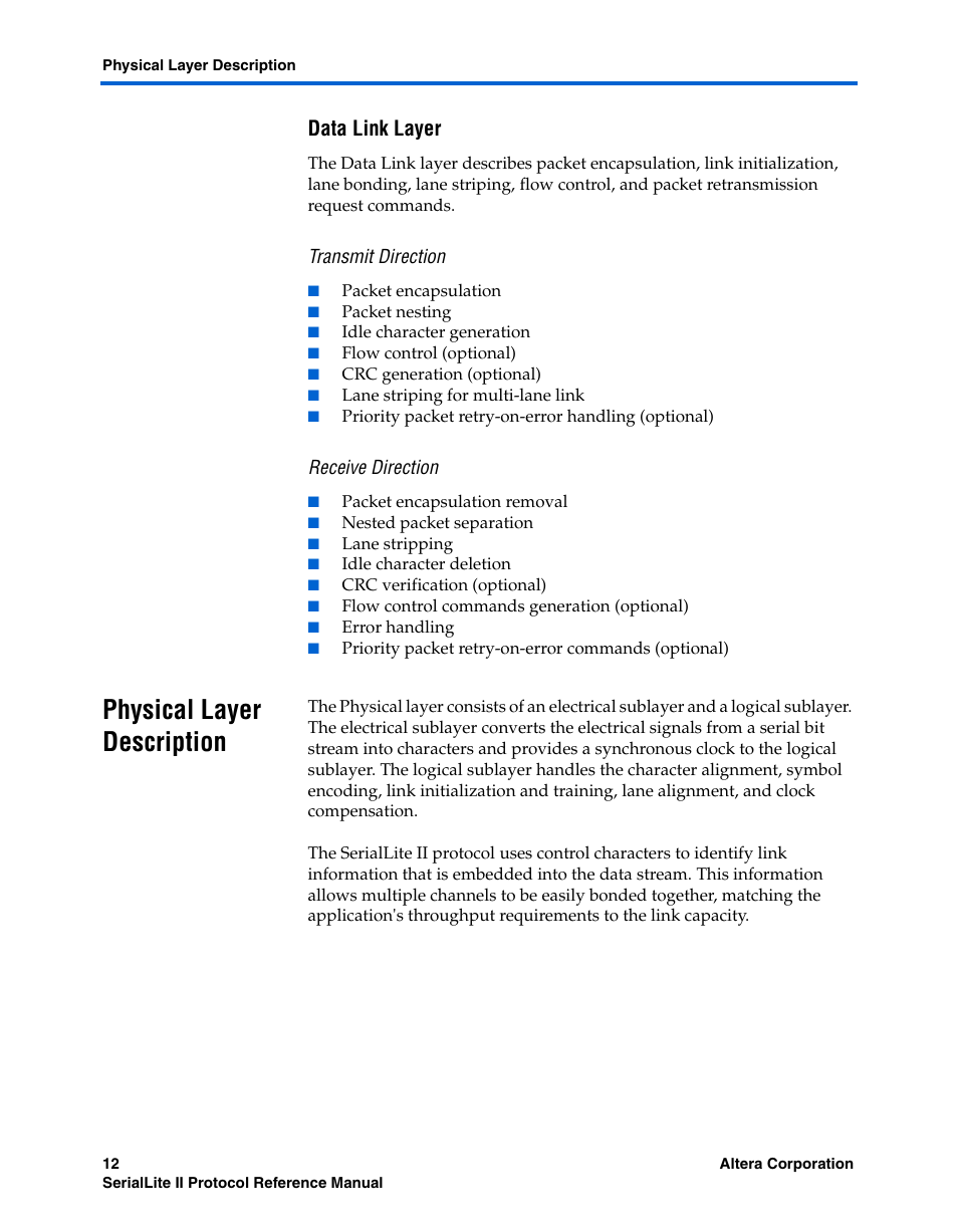 Data link layer, Transmit direction, Receive direction | Physical layer description, Physical layer description –12 | Altera SerialLite II Protocol User Manual | Page 12 / 84