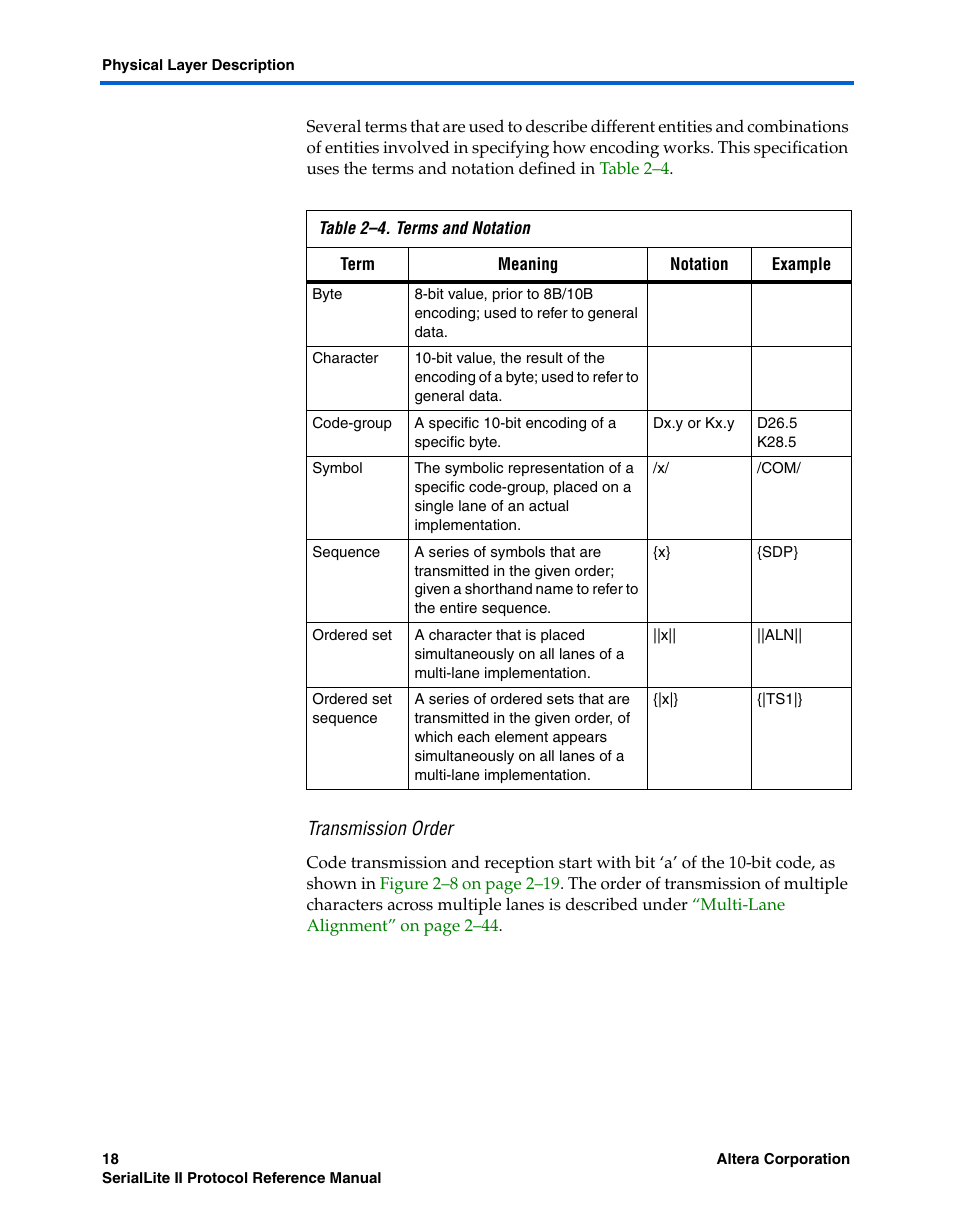 Transmission order | Altera SerialLite II Protocol User Manual | Page 18 / 84