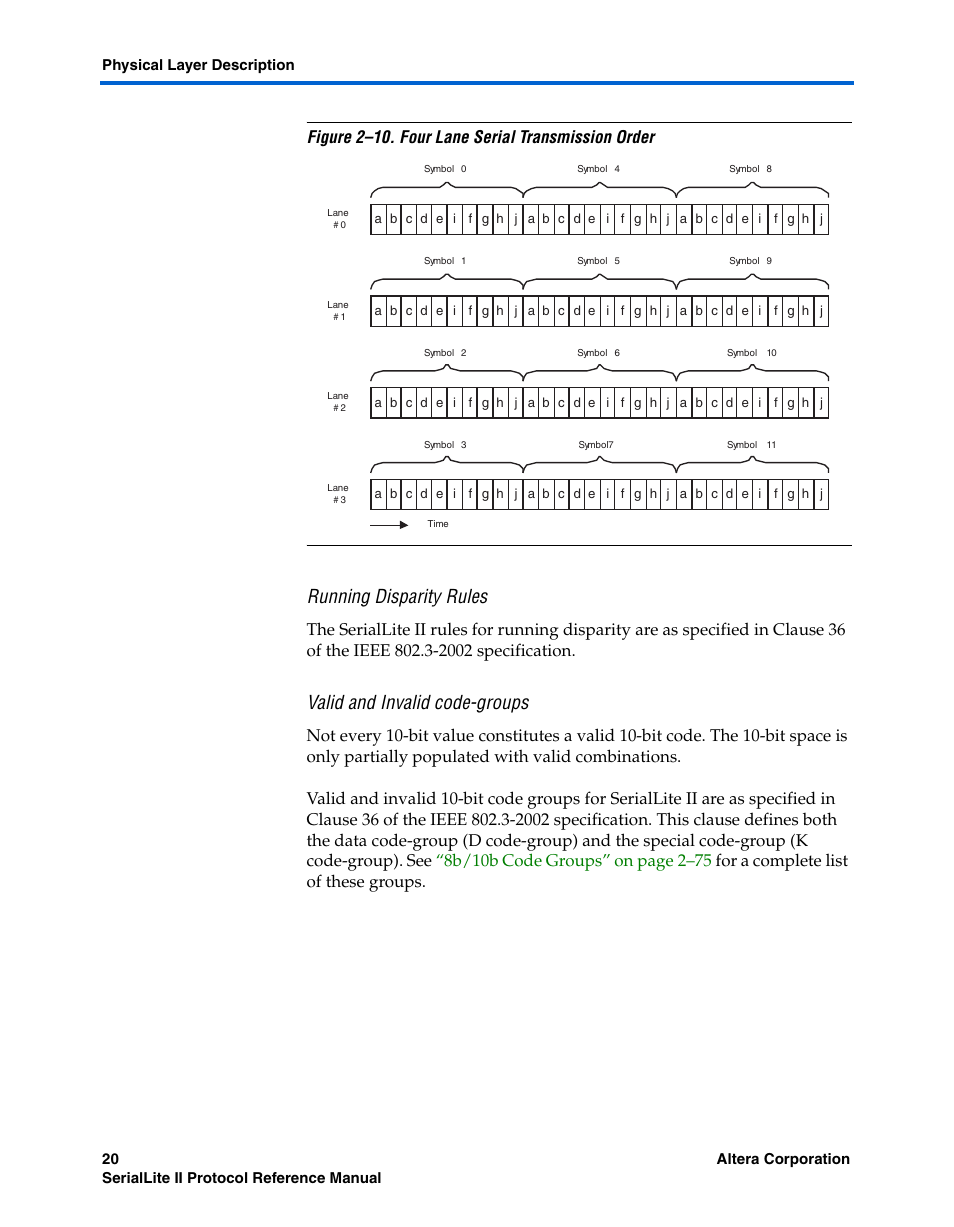 Running disparity rules, Valid and invalid code-groups, Figure 2–10. four lane serial transmission order | Altera SerialLite II Protocol User Manual | Page 20 / 84