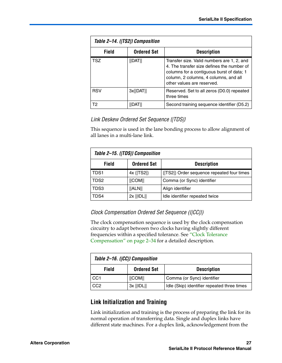 Link deskew ordered set sequence {|tds, Clock compensation ordered set sequence ({|cc|}), Link initialization and training | Altera SerialLite II Protocol User Manual | Page 27 / 84