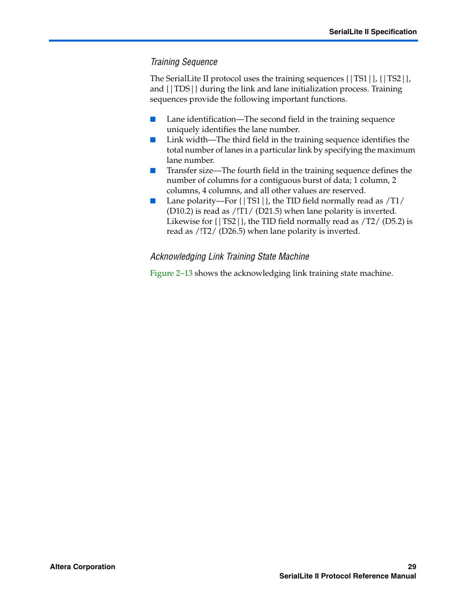 Training sequence, Acknowledging link training state machine | Altera SerialLite II Protocol User Manual | Page 29 / 84