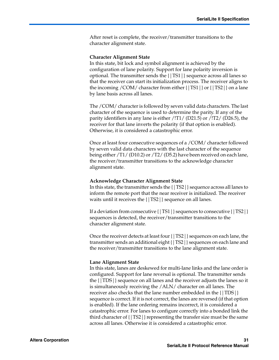 Character alignment state, Acknowledge character alignment state, Lane alignment state | Altera SerialLite II Protocol User Manual | Page 31 / 84