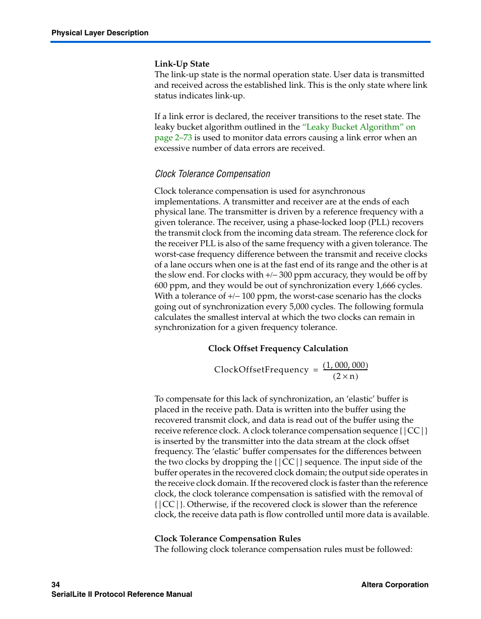 Link-up state, Clock tolerance compensation, Clock tolerance compensation rules | Altera SerialLite II Protocol User Manual | Page 34 / 84