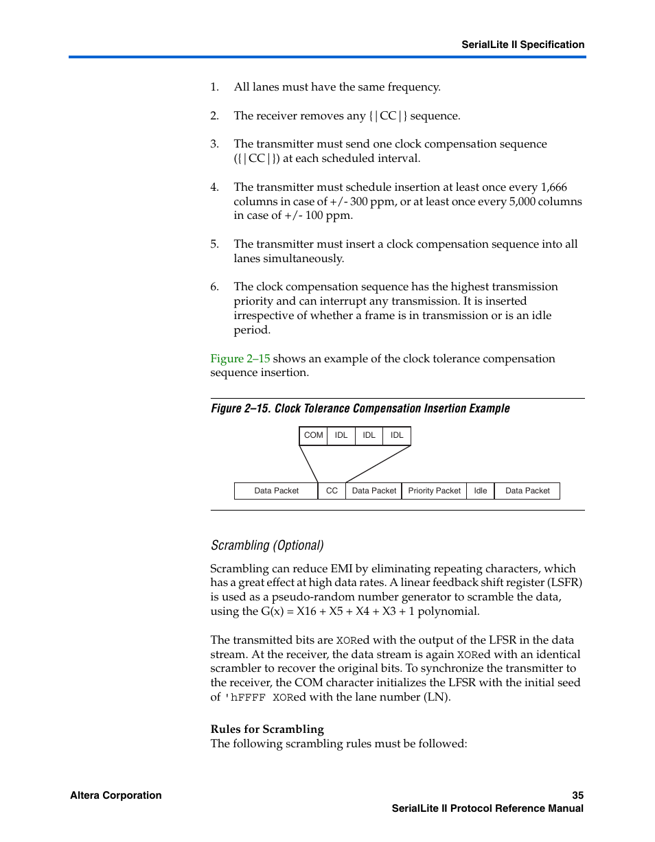 Scrambling (optional), Rules for scrambling | Altera SerialLite II Protocol User Manual | Page 35 / 84