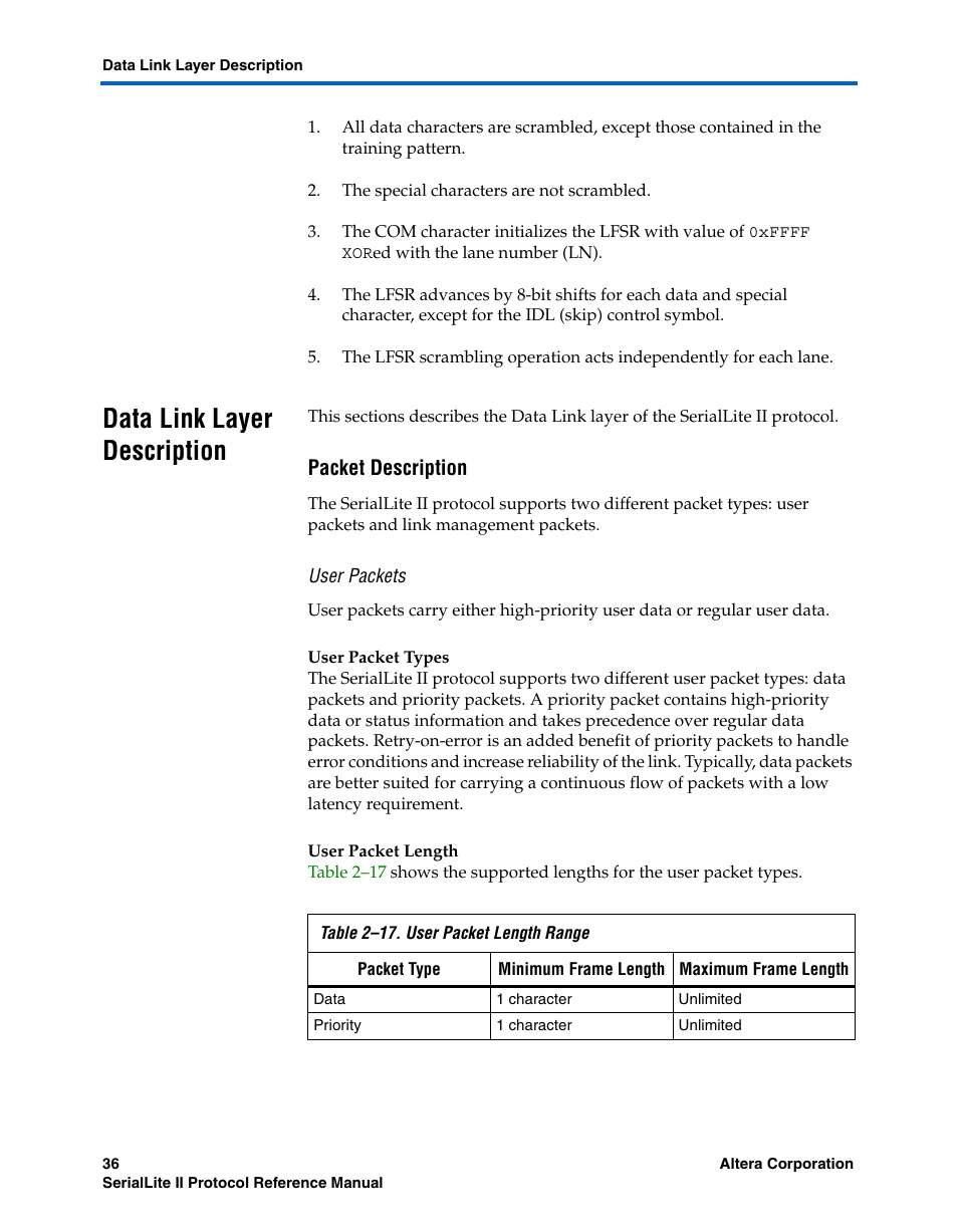 Data link layer description, Packet description, User packets | User packet types, User packet length, Data link layer description –36 | Altera SerialLite II Protocol User Manual | Page 36 / 84