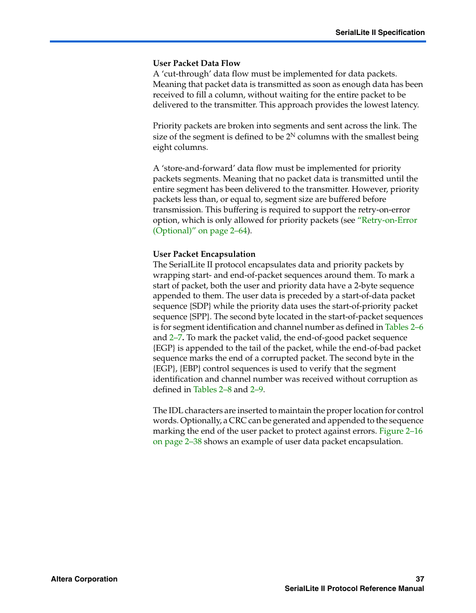 User packet data flow, User packet encapsulation | Altera SerialLite II Protocol User Manual | Page 37 / 84