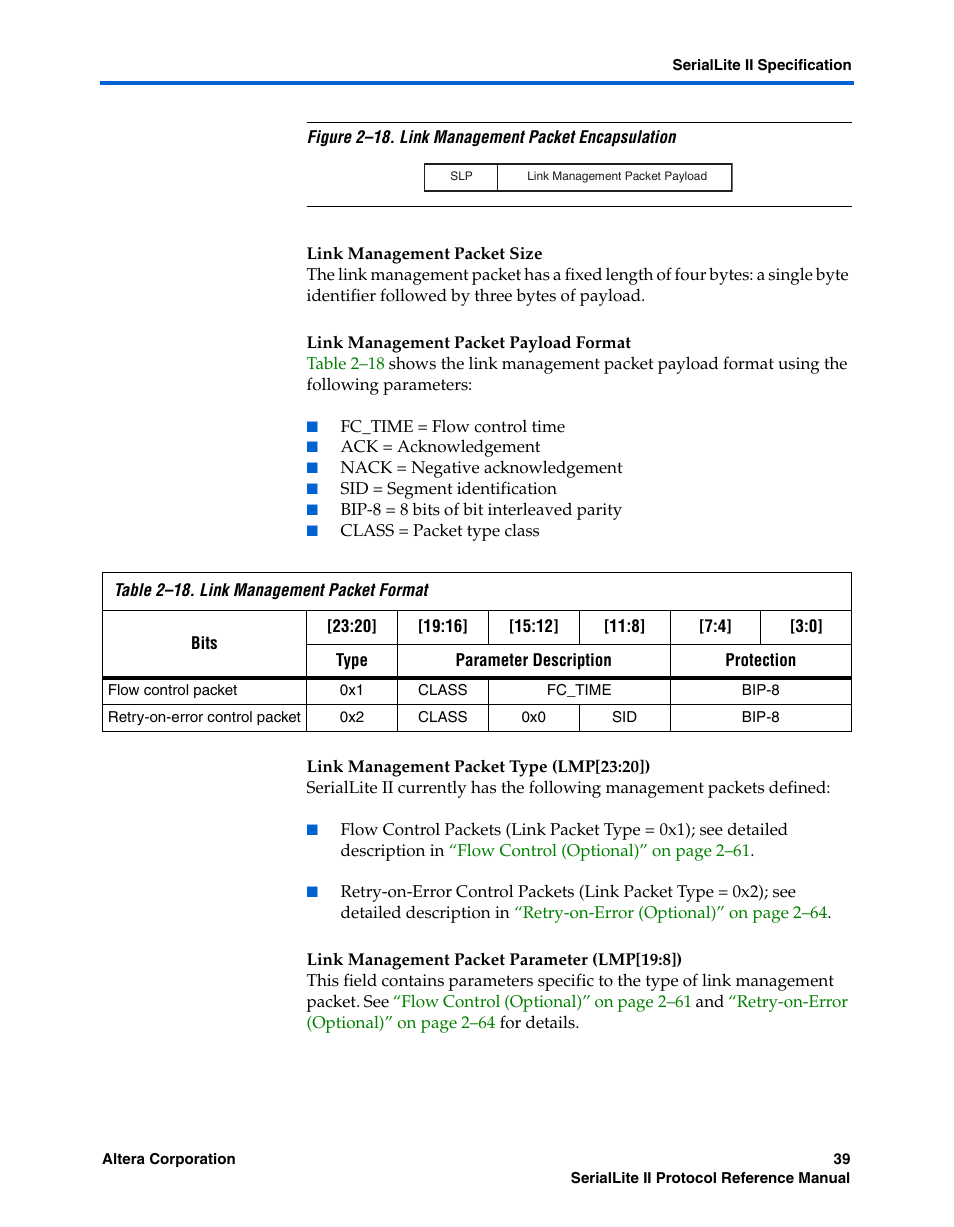 Link management packet size, Link management packet payload format, Link management packet type (lmp[23:20]) | Link management packet parameter (lmp[19:8]), D, as shown in | Altera SerialLite II Protocol User Manual | Page 39 / 84