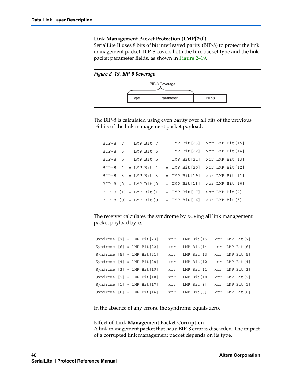 Link management packet protection (lmp[7:0]), Effect of link management packet corruption | Altera SerialLite II Protocol User Manual | Page 40 / 84