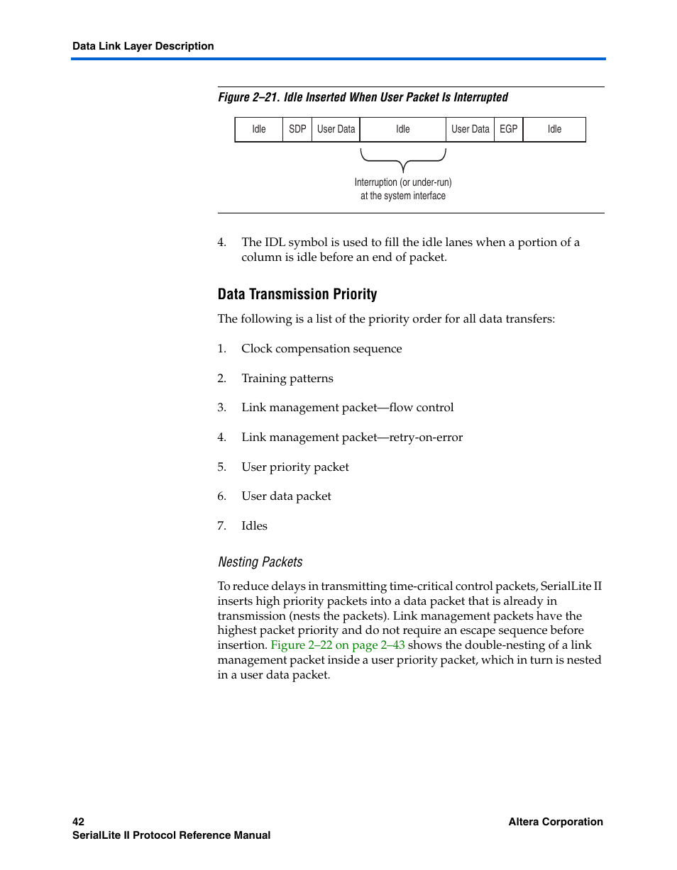 Data transmission priority, Nesting packets | Altera SerialLite II Protocol User Manual | Page 42 / 84