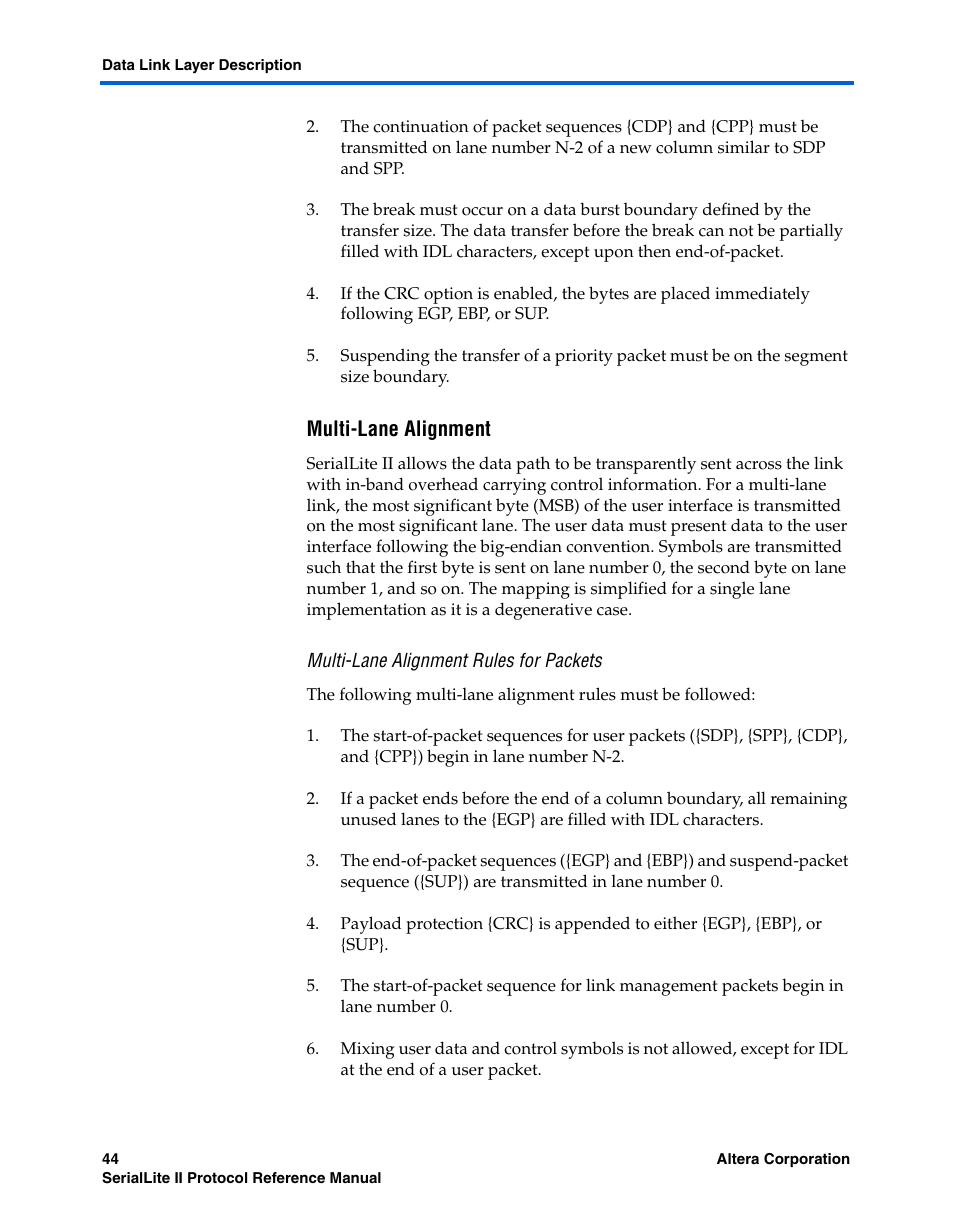 Multi-lane alignment, Multi-lane alignment rules for packets, Multi-lane | Altera SerialLite II Protocol User Manual | Page 44 / 84