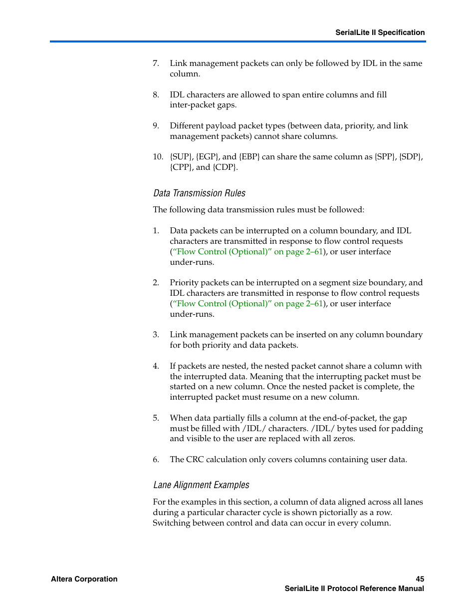 Data transmission rules, Lane alignment examples | Altera SerialLite II Protocol User Manual | Page 45 / 84