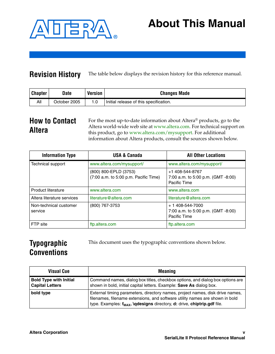 About this manual, Revision history, How to contact altera | Typographic conventions | Altera SerialLite II Protocol User Manual | Page 5 / 84