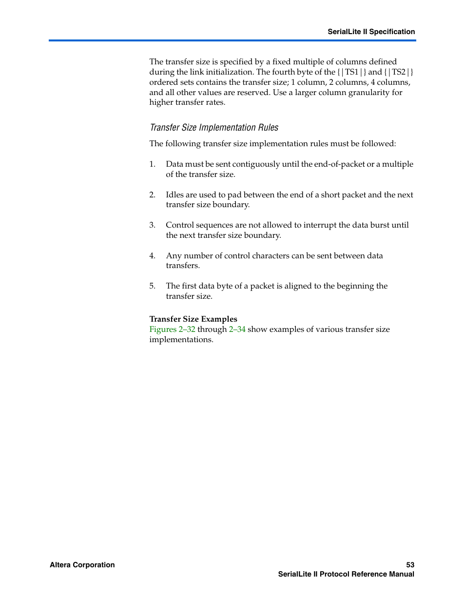 Transfer size implementation rules, Transfer size examples | Altera SerialLite II Protocol User Manual | Page 53 / 84