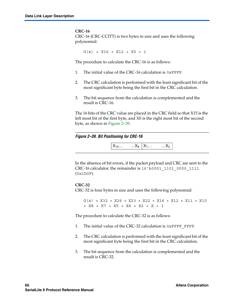 Crc-16, Crc-32 | Altera SerialLite II Protocol User Manual | Page 60 / 84