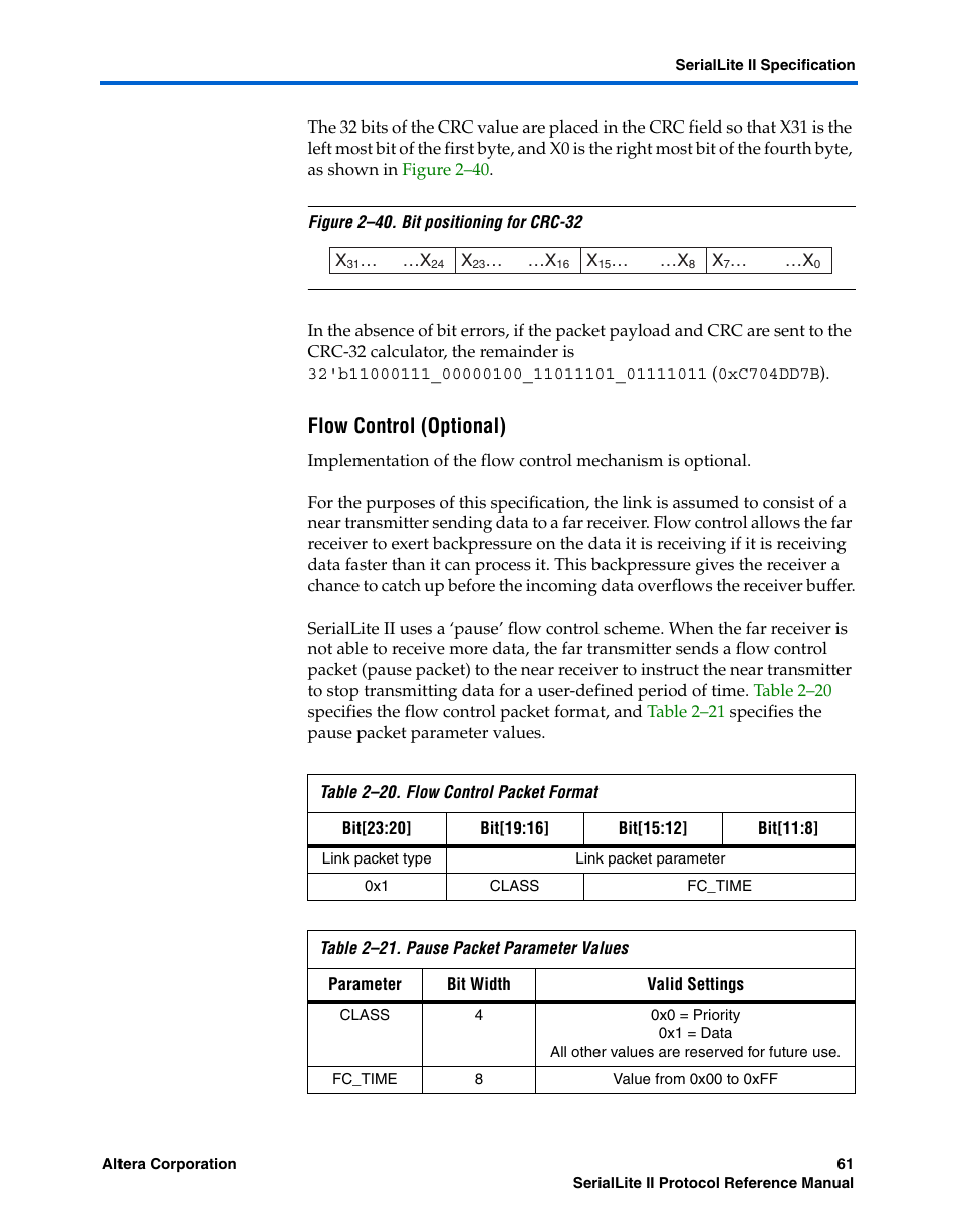 Flow control (optional), Or user | Altera SerialLite II Protocol User Manual | Page 61 / 84