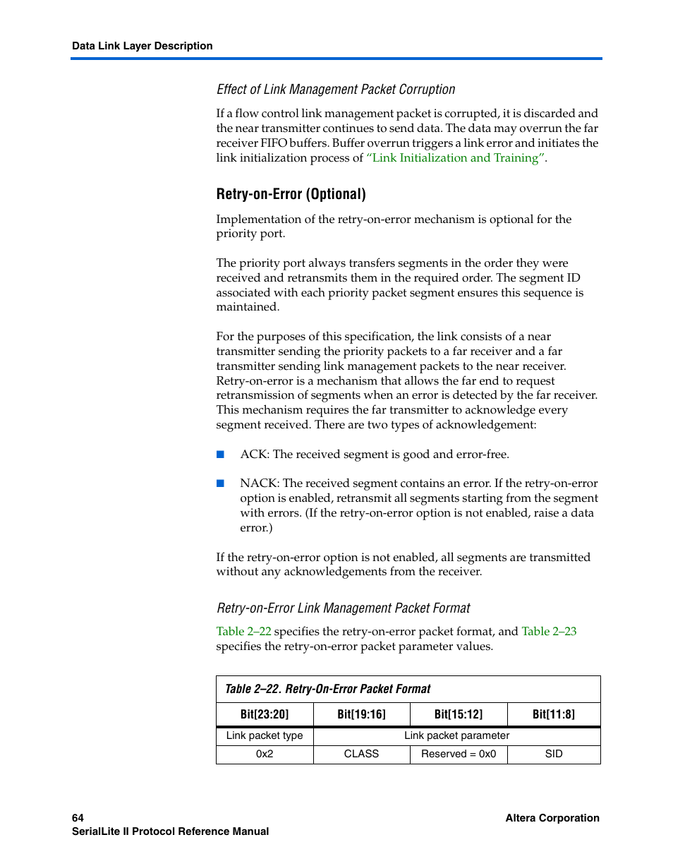 Effect of link management packet corruption, Retry-on-error (optional), Retry-on-error link management packet format | R (see, Retry-on-error, Ption in, For de, R to | Altera SerialLite II Protocol User Manual | Page 64 / 84