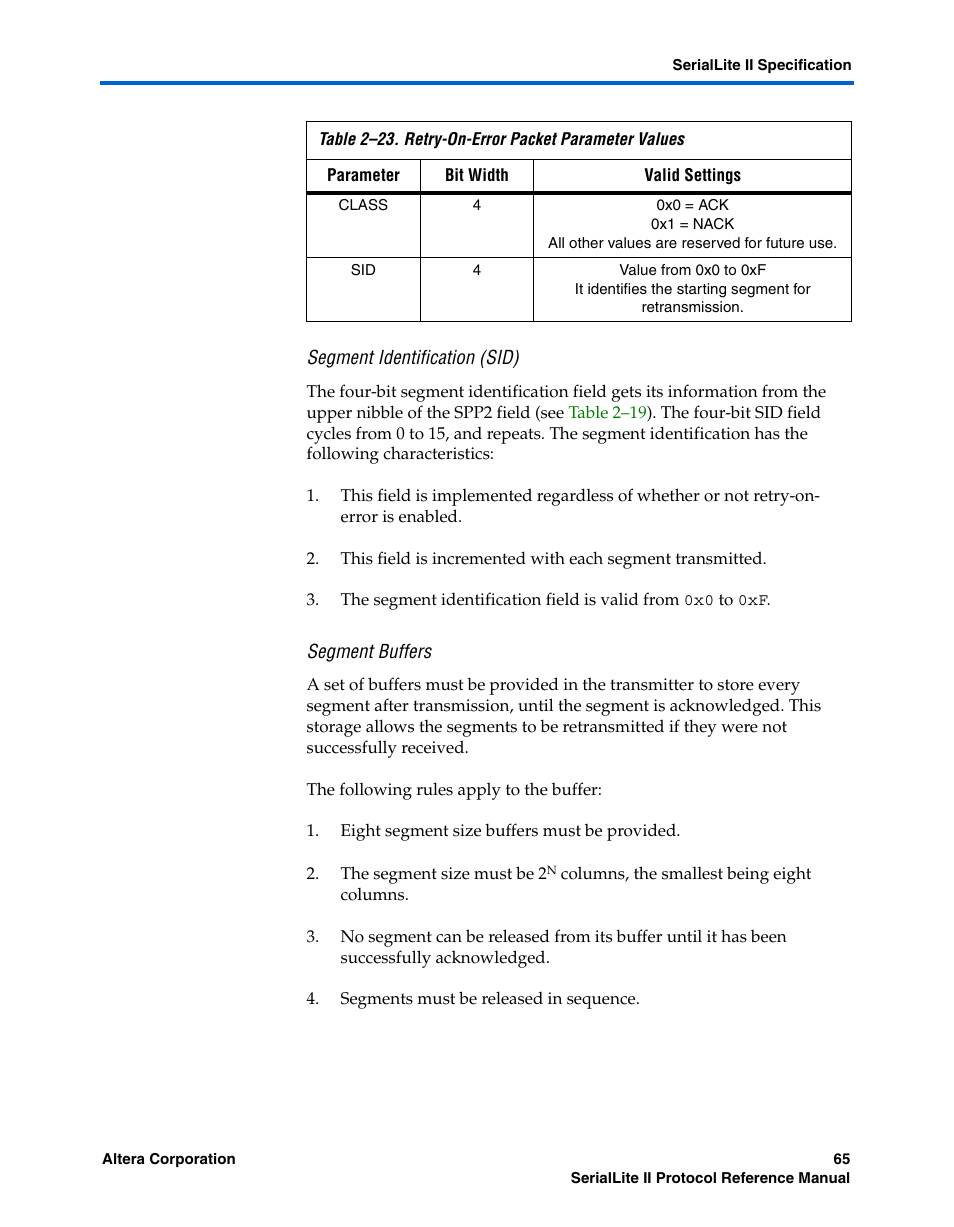 Segment identification (sid), Segment buffers, Segment identification | Table 2–23 | Altera SerialLite II Protocol User Manual | Page 65 / 84